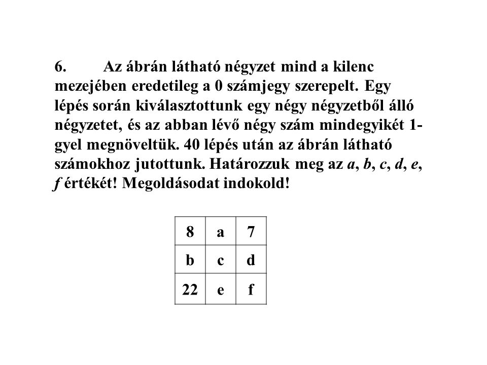 6. Az ábrán látható négyzet mind a kilenc mezejében eredetileg a 0 számjegy szerepelt. Egy lépés során kiválasztottunk egy négy négyzetből álló négyzetet, és az abban lévő négy szám mindegyikét 1-gyel megnöveltük. 40 lépés után az ábrán látható számokhoz jutottunk. Határozzuk meg az a, b, c, d, e, f értékét! Megoldásodat indokold!