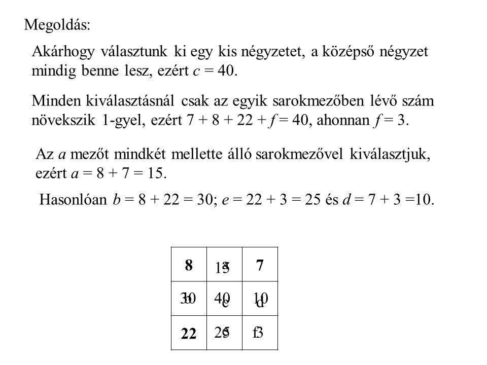 Megoldás: Akárhogy választunk ki egy kis négyzetet, a középső négyzet mindig benne lesz, ezért c = 40.