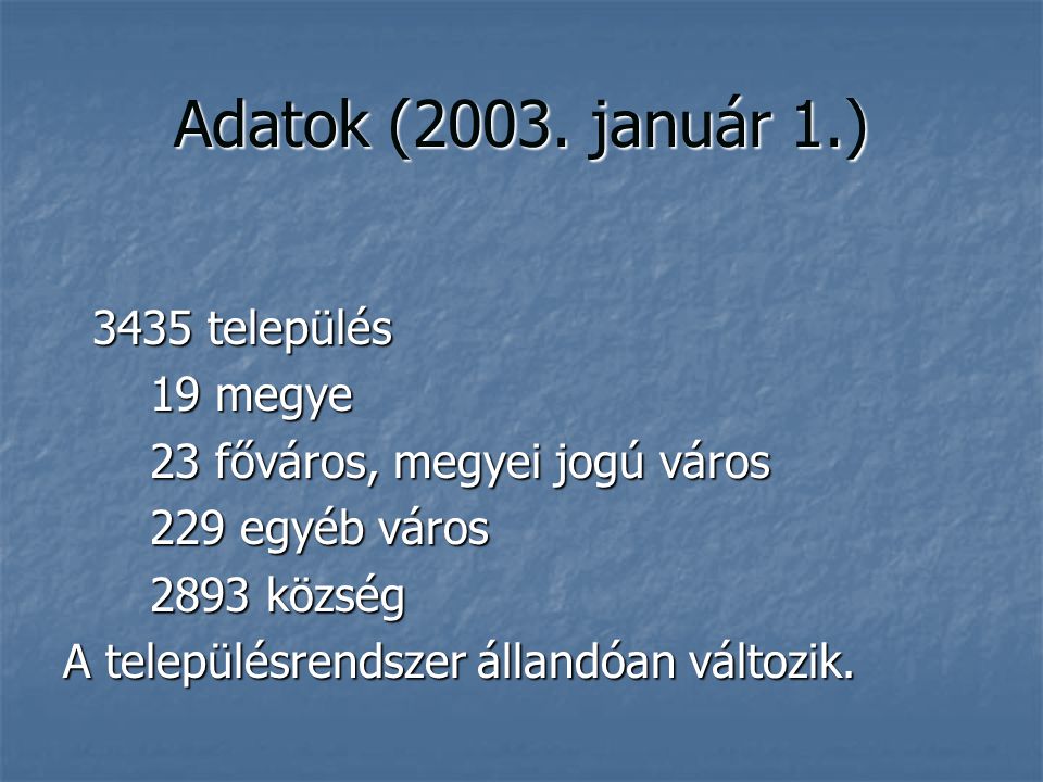 Adatok (2003. január 1.) 3435 település 19 megye