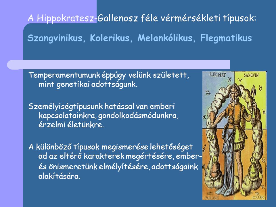 A Hippokratesz-Gallenosz féle vérmérsékleti típusok: Szangvinikus, Kolerikus, Melankólikus, Flegmatikus