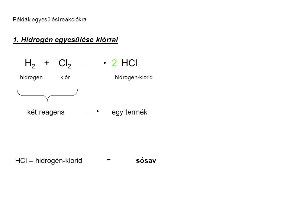 H2 + Cl2 2 HCl 1. Hidrogén egyesülése klórral két reagens egy termék