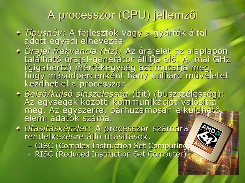 A processzor (CPU) jellemzői