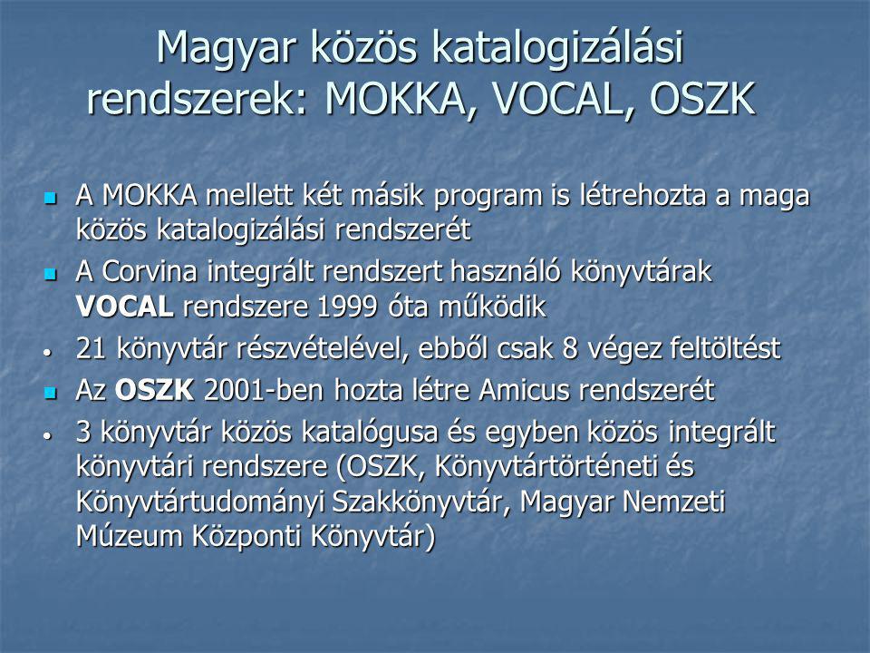 Magyar közös katalogizálási rendszerek: MOKKA, VOCAL, OSZK
