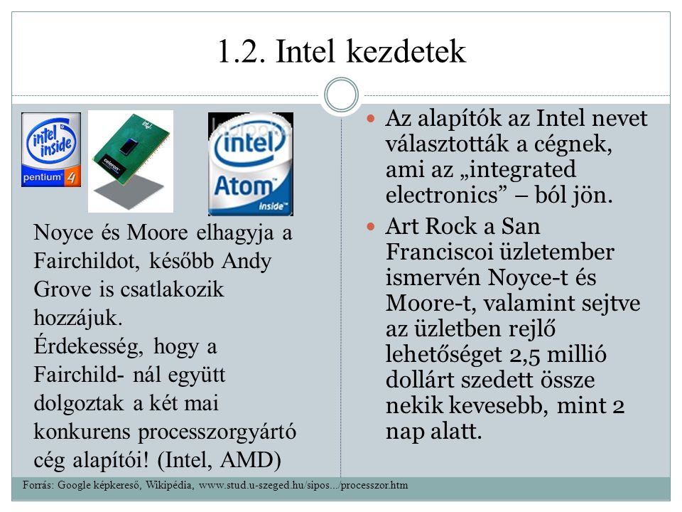 1.2. Intel kezdetek Az alapítók az Intel nevet választották a cégnek, ami az „integrated electronics – ból jön.