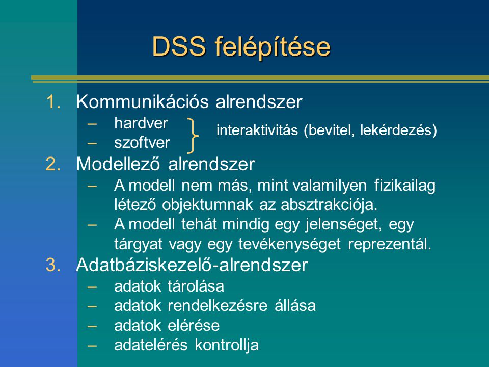 DSS felépítése Kommunikációs alrendszer Modellező alrendszer