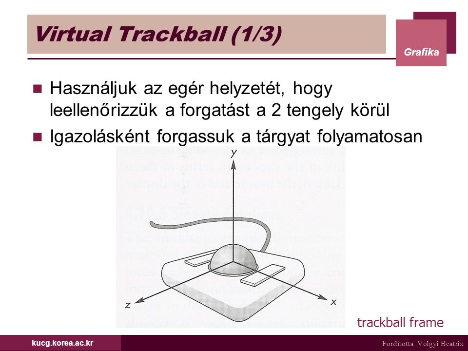 Virtual Trackball (1/3) Használjuk az egér helyzetét, hogy leellenőrizzük a forgatást a 2 tengely körül.