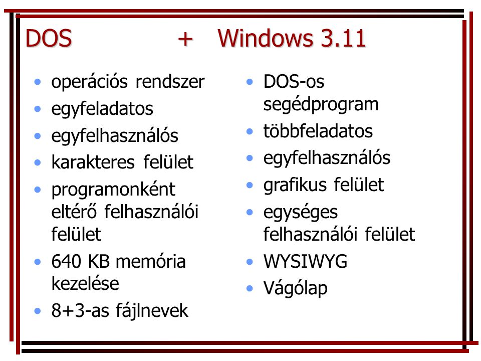 DOS + Windows 3.11 operációs rendszer egyfeladatos egyfelhasználós
