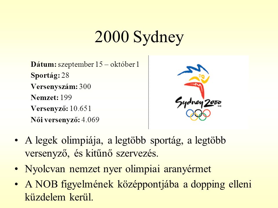 2000 Sydney Dátum: szeptember 15 – október 1. Sportág: 28. Versenyszám: 300. Nemzet: 199. Versenyző: