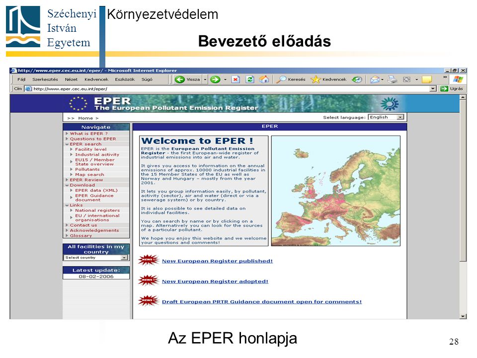 Környezetvédelem Bevezető előadás Az EPER honlapja