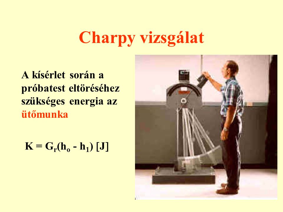 Charpy vizsgálat A kísérlet során a próbatest eltöréséhez szükséges energia az ütőmunka.