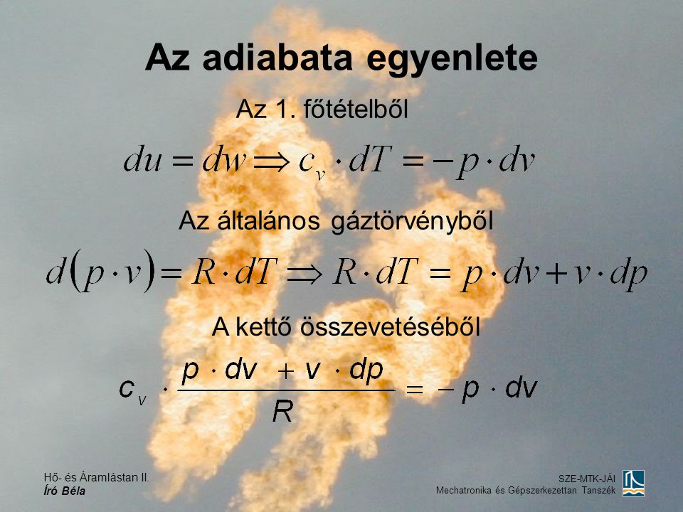 Az adiabata egyenlete Az 1. főtételből Az általános gáztörvényből