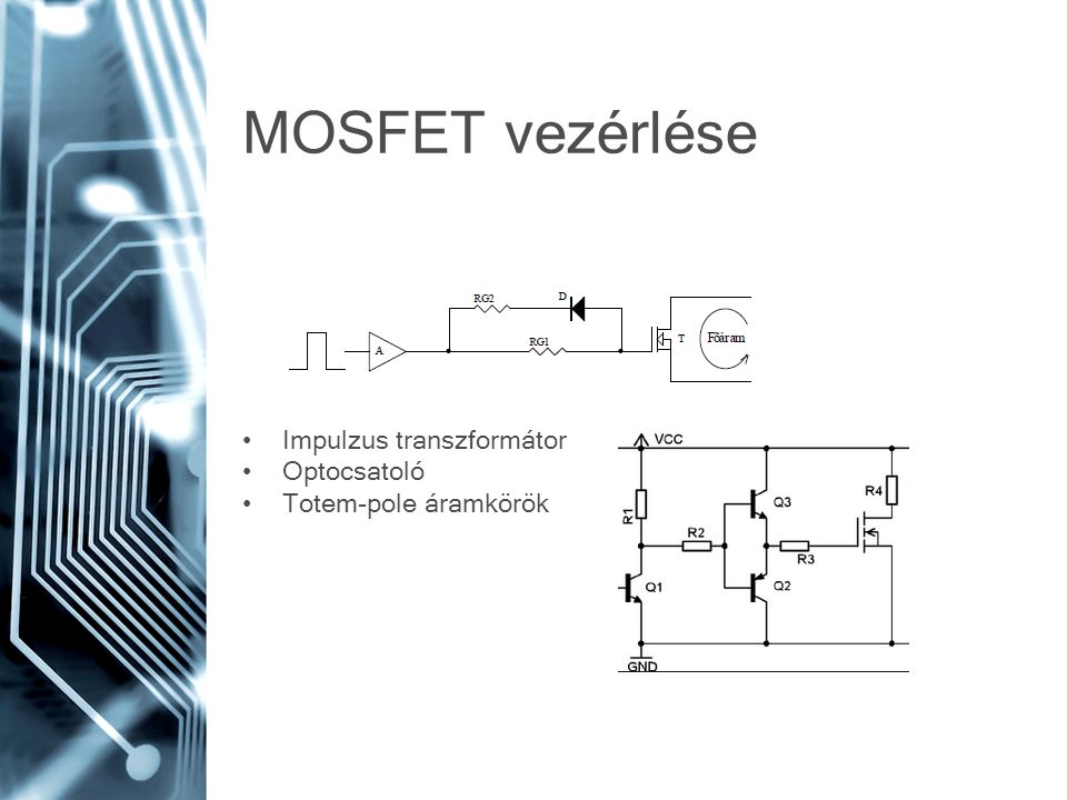 MOSFET vezérlése Impulzus transzformátor Optocsatoló