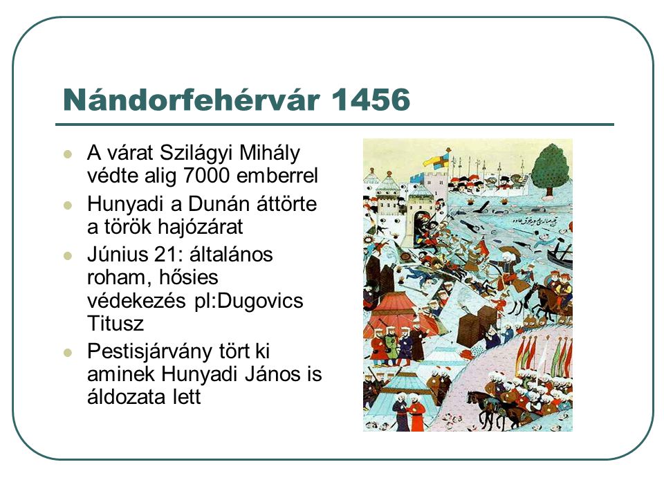 Nándorfehérvár 1456 A várat Szilágyi Mihály védte alig 7000 emberrel