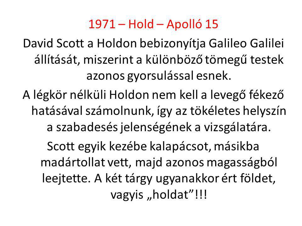 1971 – Hold – Apolló 15 David Scott a Holdon bebizonyítja Galileo Galilei állítását, miszerint a különböző tömegű testek azonos gyorsulással esnek.