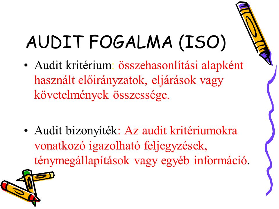 AUDIT FOGALMA (ISO) Audit kritérium: összehasonlítási alapként használt előirányzatok, eljárások vagy követelmények összessége.