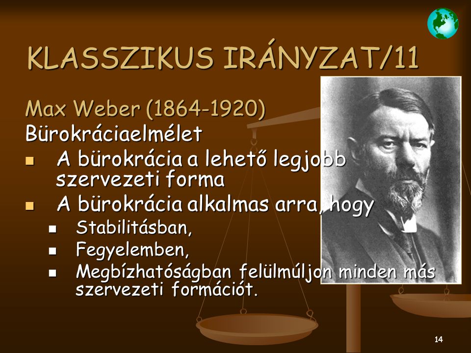 KLASSZIKUS IRÁNYZAT/11 Max Weber ( ) Bürokráciaelmélet