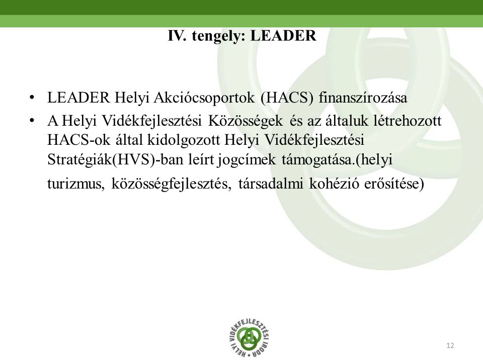 IV. tengely: LEADER LEADER Helyi Akciócsoportok (HACS) finanszírozása.