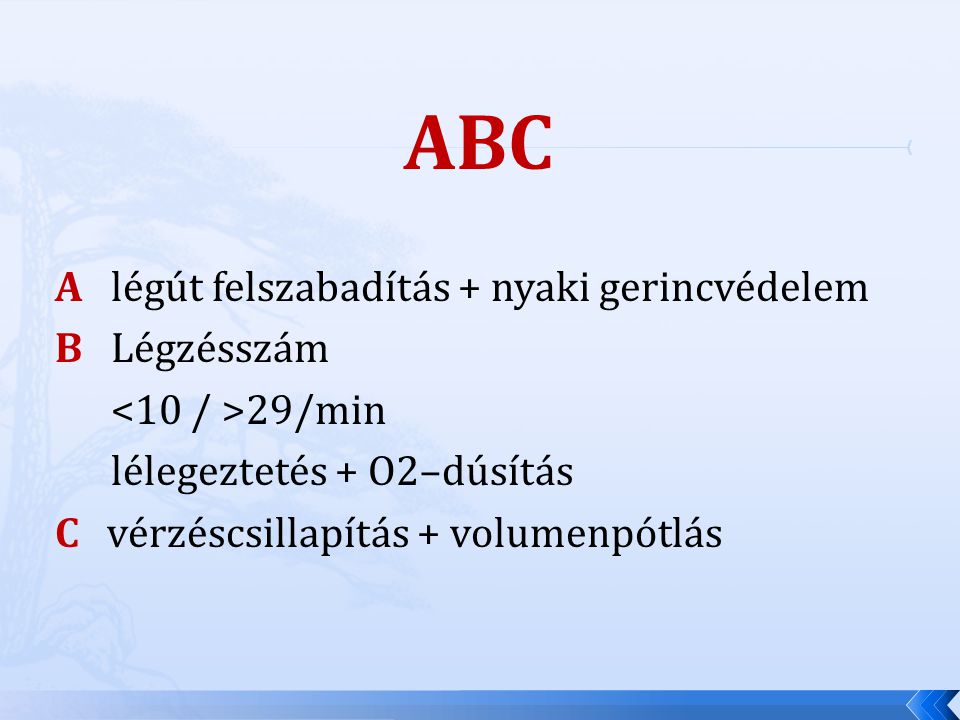 ABC A légút felszabadítás + nyaki gerincvédelem B Légzésszám