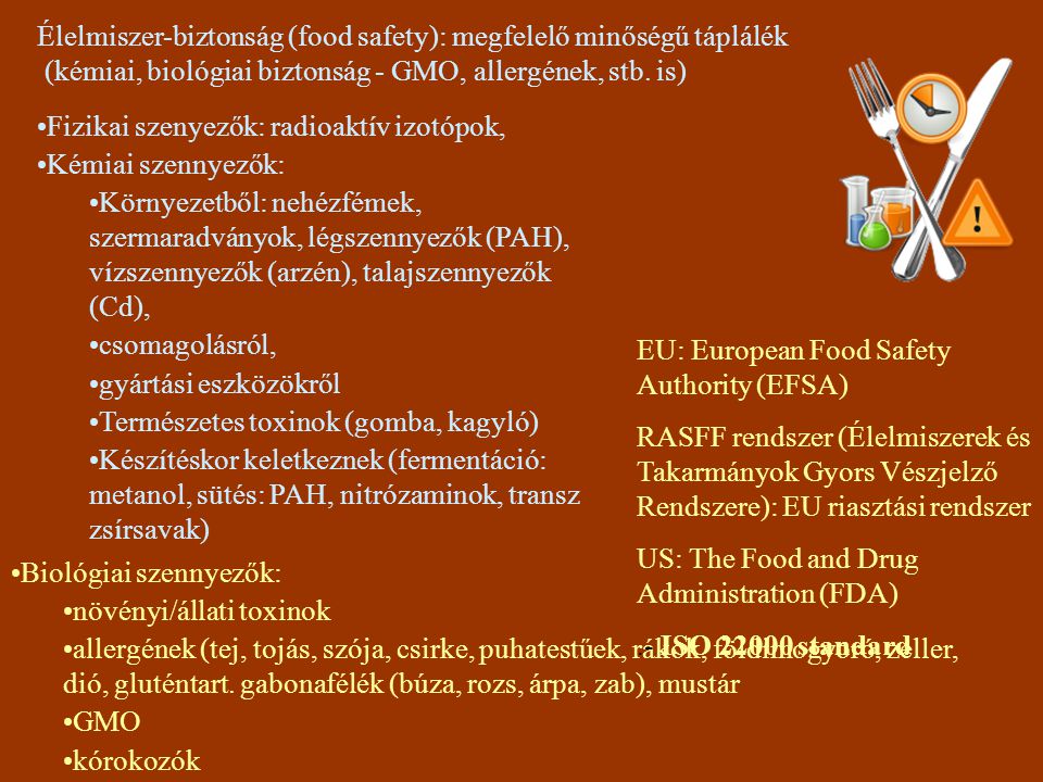 Élelmiszer-biztonság (food safety): megfelelő minőségű táplálék (kémiai, biológiai biztonság - GMO, allergének, stb. is)