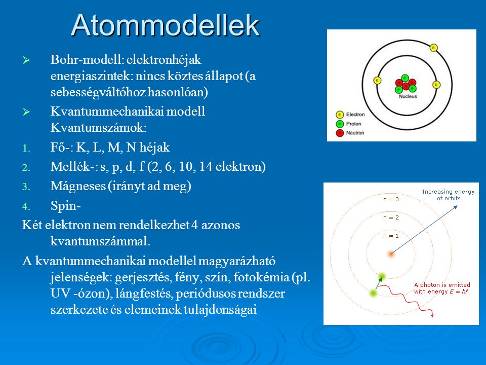 Atommodellek Bohr-modell: elektronhéjak energiaszintek: nincs köztes állapot (a sebességváltóhoz hasonlóan)