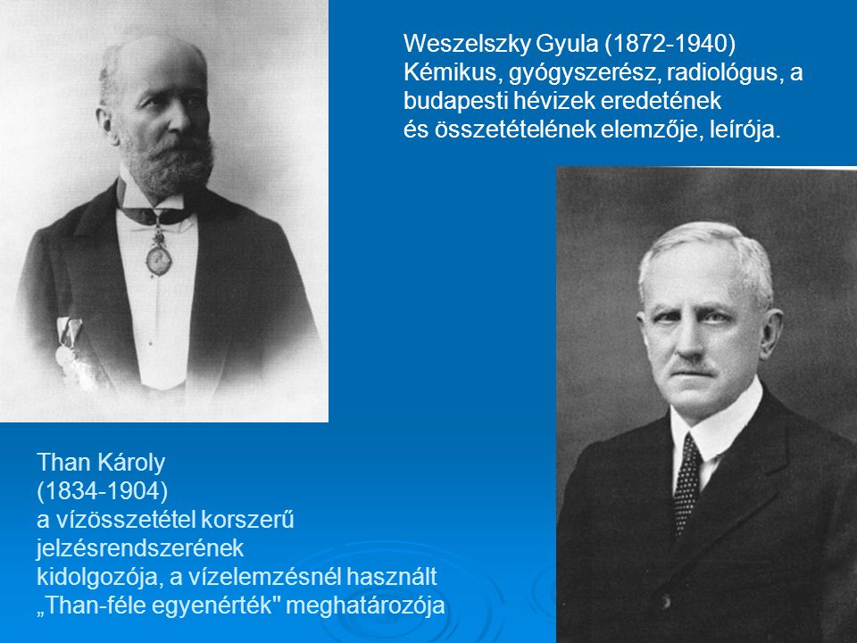Weszelszky Gyula ( ) Kémikus, gyógyszerész, radiológus, a budapesti hévizek eredetének. és összetételének elemzője, leírója.
