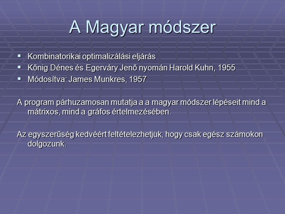 A Magyar módszer Kombinatorikai optimalizálási eljárás