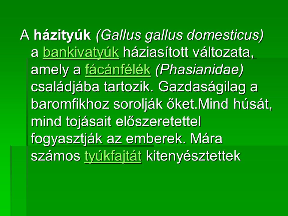 A házityúk (Gallus gallus domesticus) a bankivatyúk háziasított változata, amely a fácánfélék (Phasianidae) családjába tartozik.
