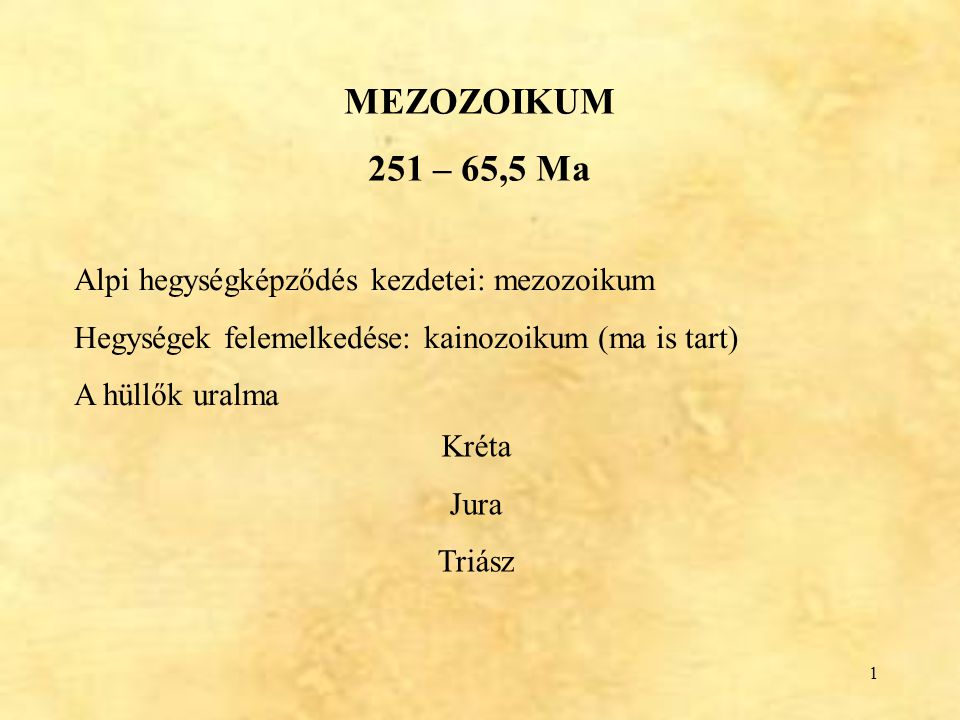 MEZOZOIKUM 251 – 65,5 Ma Alpi hegységképződés kezdetei: mezozoikum