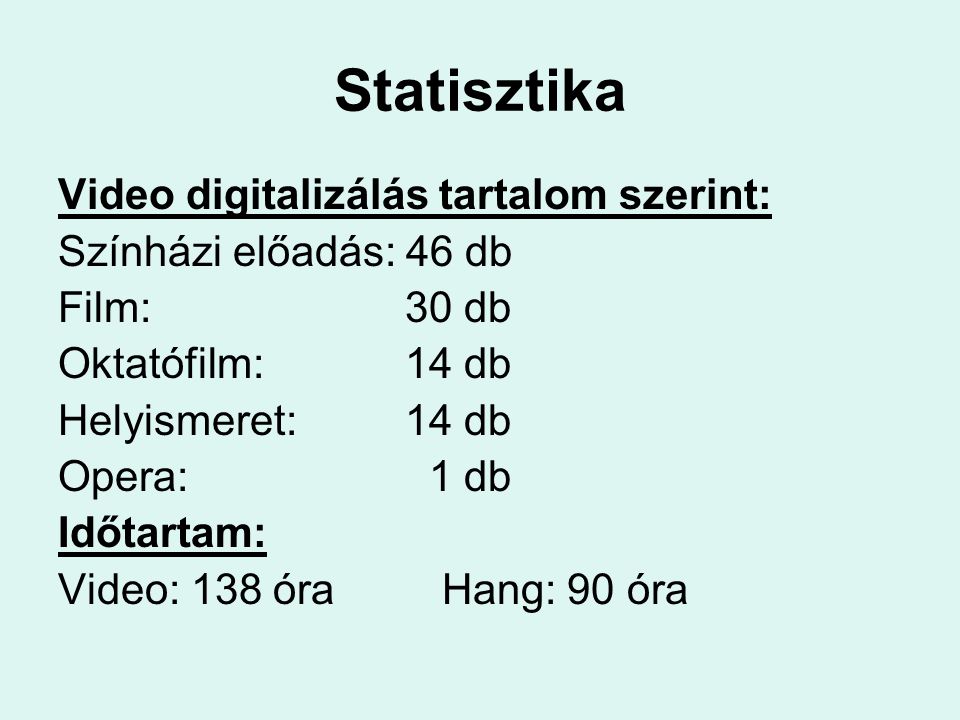 Statisztika Video digitalizálás tartalom szerint: