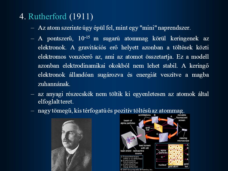 4. Rutherford (1911) Az atom szerinte úgy épül fel, mint egy mini naprendszer.
