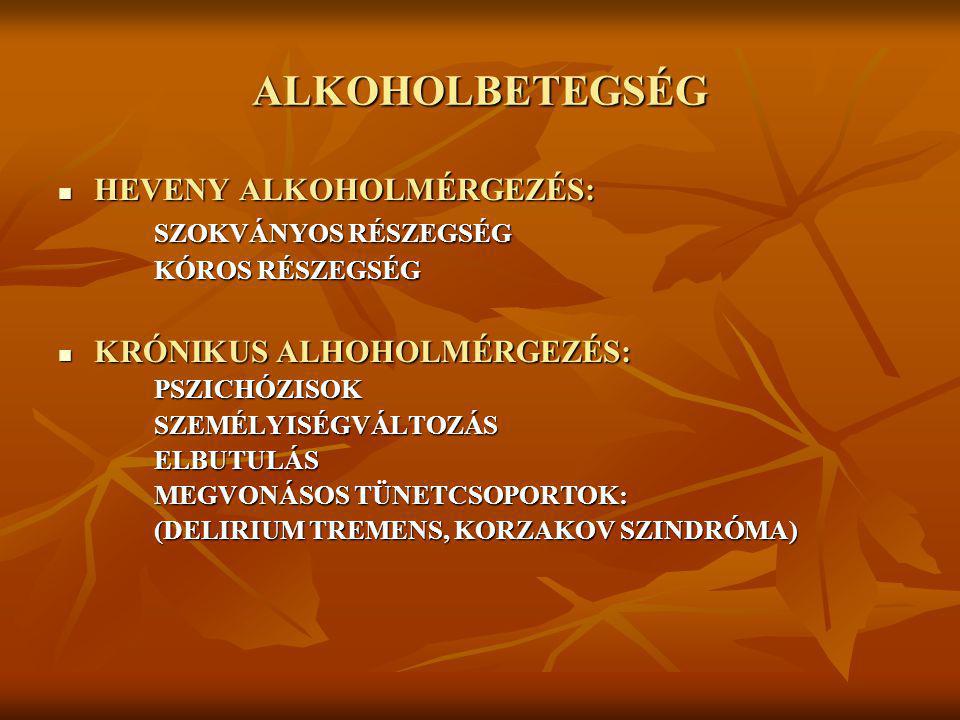 ALKOHOLBETEGSÉG HEVENY ALKOHOLMÉRGEZÉS: SZOKVÁNYOS RÉSZEGSÉG