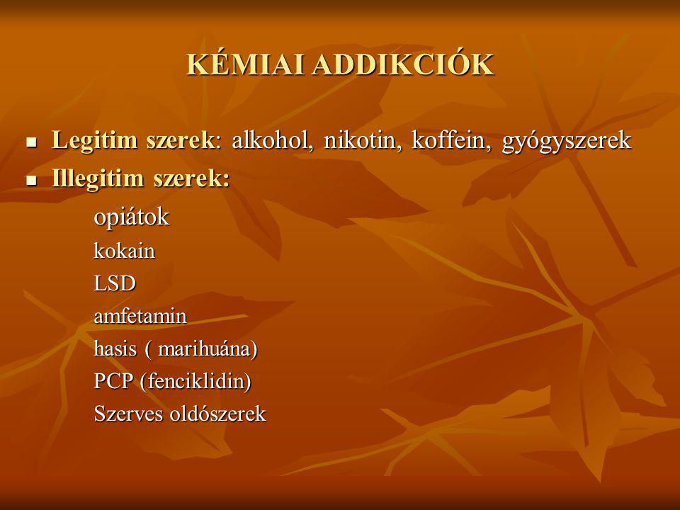 KÉMIAI ADDIKCIÓK Legitim szerek: alkohol, nikotin, koffein, gyógyszerek. Illegitim szerek: opiátok.