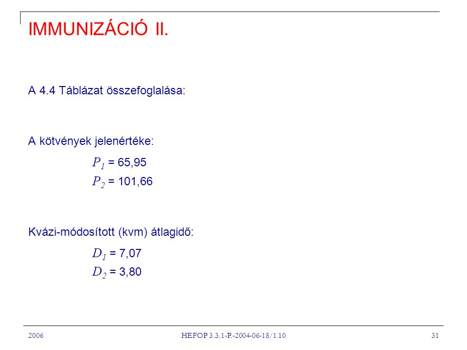 IMMUNIZÁCIÓ II. A 4.4 Táblázat összefoglalása:
