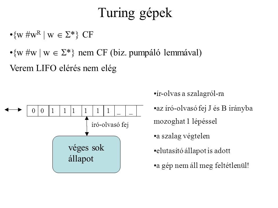 Turing gépek w #wR  w  * CF