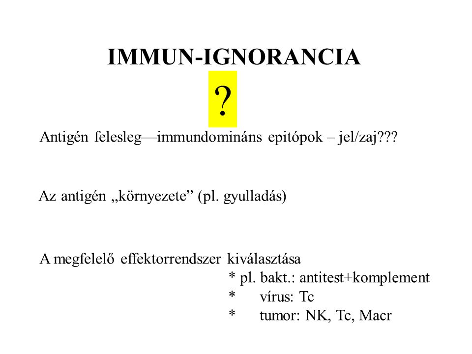 IMMUN-IGNORANCIA Antigén felesleg—immundomináns epitópok – jel/zaj Az antigén „környezete (pl. gyulladás)
