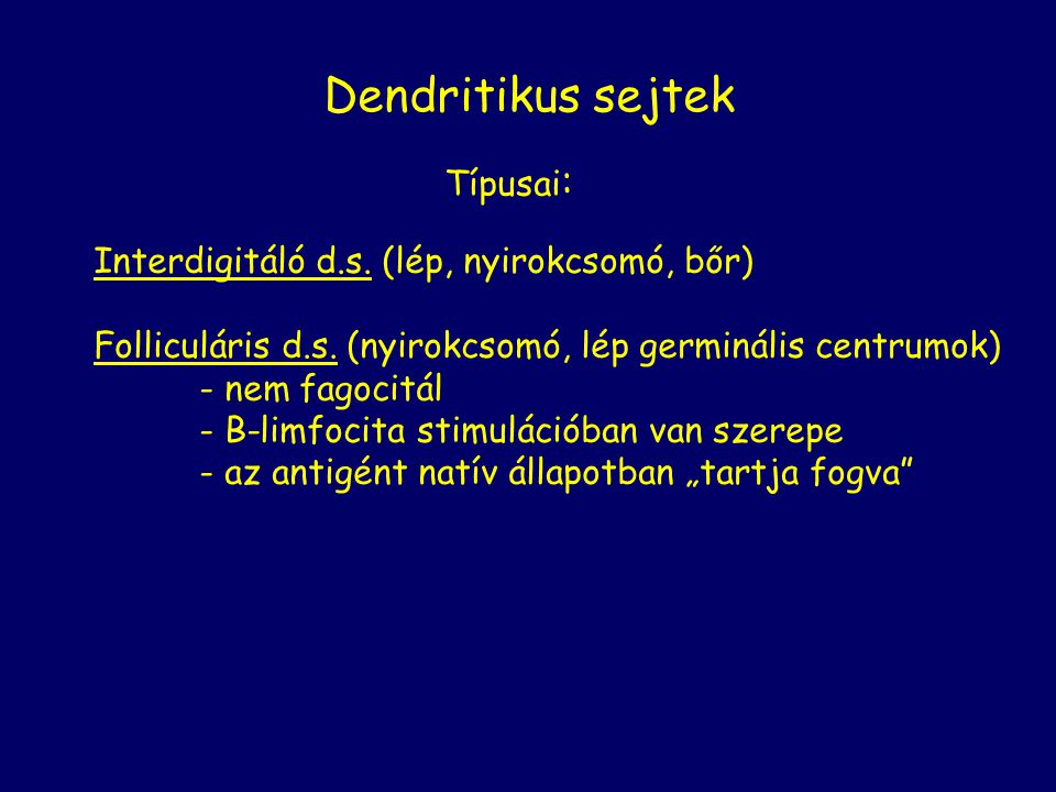 Dendritikus sejtek Típusai: Interdigitáló d.s. (lép, nyirokcsomó, bőr)