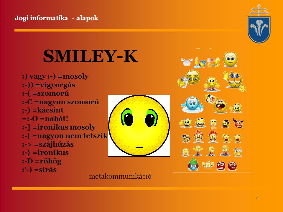 SMILEY-K :) vagy :-) =mosoly :-)) =vigyorgás :-( =szomorú