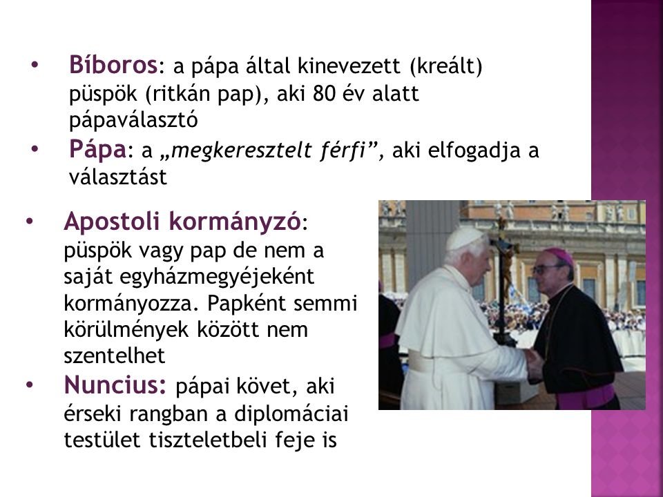 Bíboros: a pápa által kinevezett (kreált) püspök (ritkán pap), aki 80 év alatt pápaválasztó