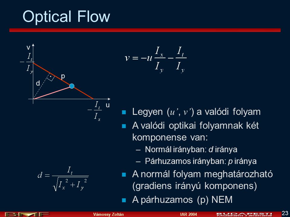 Optical Flow Legyen (u’, v’) a valódi folyam