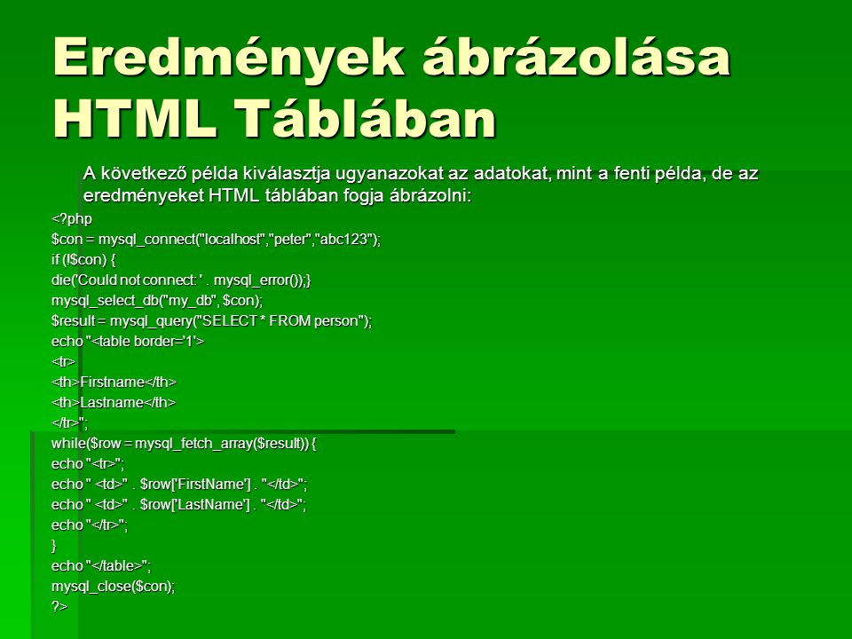 Eredmények ábrázolása HTML Táblában
