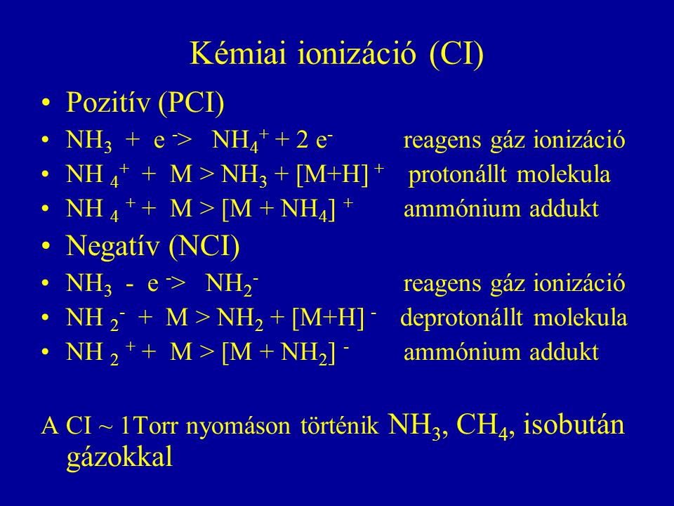 Kémiai ionizáció (CI) Pozitív (PCI) Negatív (NCI)