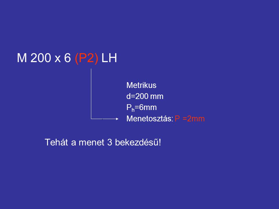 M 200 x 6 (P2) LH Tehát a menet 3 bekezdésű! Metrikus d=200 mm Ph=6mm