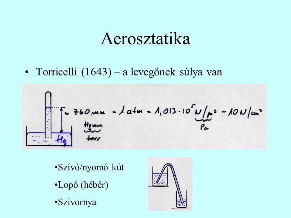 Aerosztatika Torricelli (1643) – a levegőnek súlya van Szívó/nyomó kút