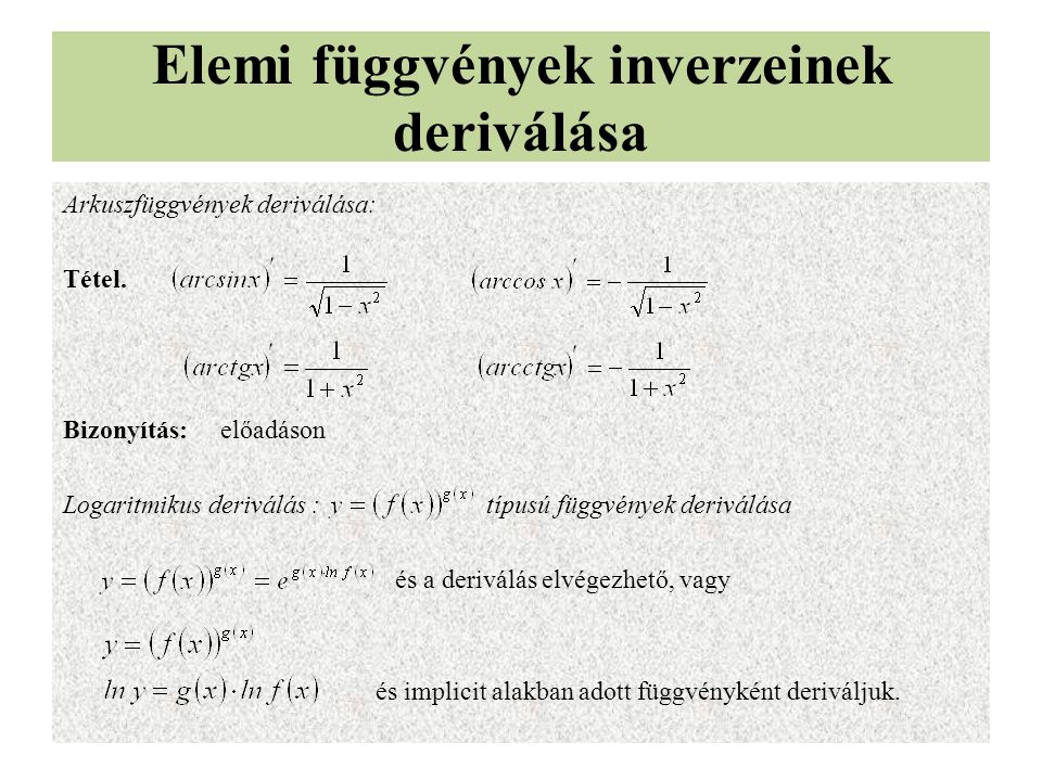 Elemi függvények inverzeinek deriválása