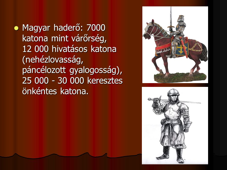 Magyar haderő: 7000 katona mint várőrség, hivatásos katona (nehézlovasság, páncélozott gyalogosság), keresztes önkéntes katona.