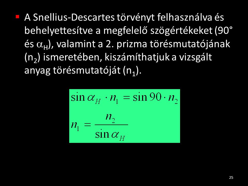 A Snellius-Descartes törvényt felhasználva és behelyettesítve a megfelelő szögértékeket (90° és H), valamint a 2.
