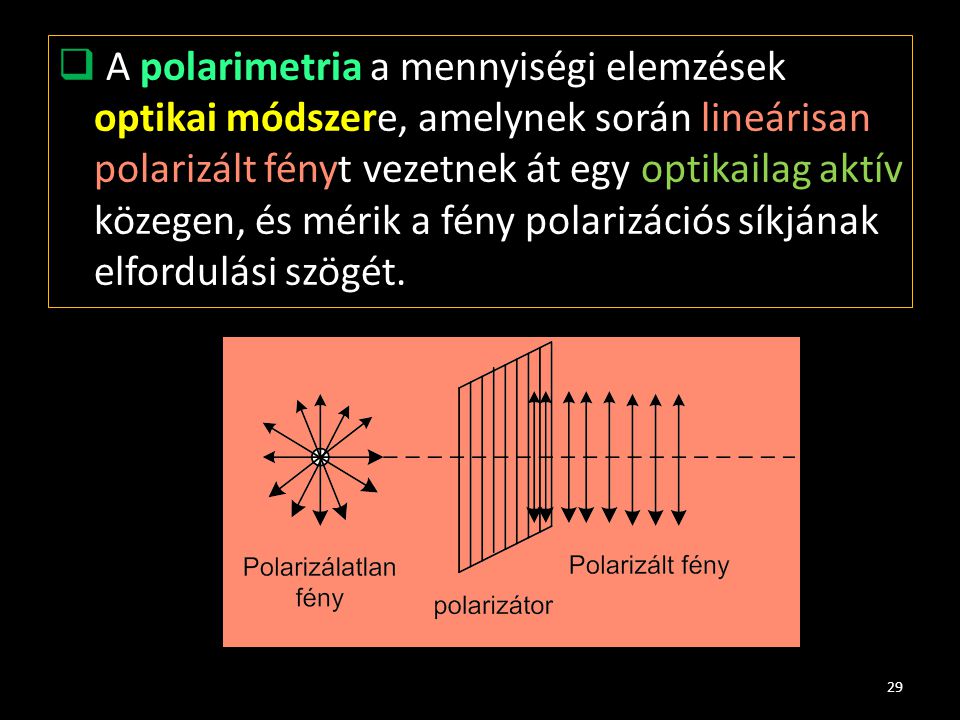 A polarimetria a mennyiségi elemzések optikai módszere, amelynek során lineárisan polarizált fényt vezetnek át egy optikailag aktív közegen, és mérik a fény polarizációs síkjának elfordulási szögét.