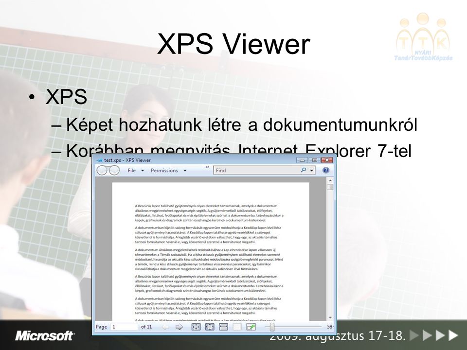 XPS Viewer XPS Képet hozhatunk létre a dokumentumunkról