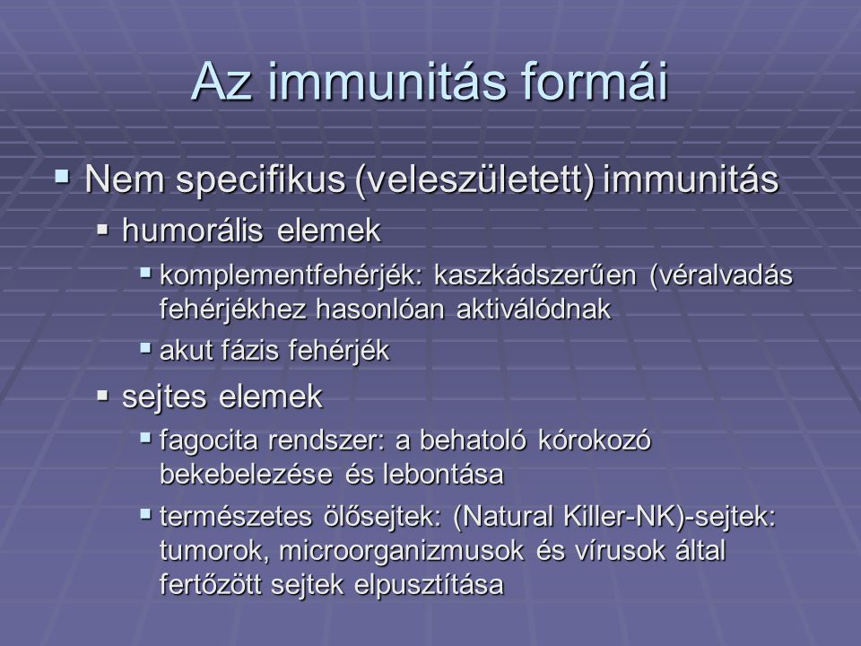 Az immunitás formái Nem specifikus (veleszületett) immunitás