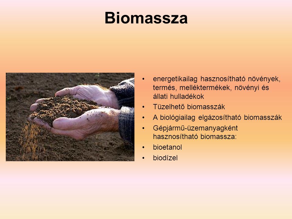 Biomassza energetikailag hasznosítható növények, termés, melléktermékek, növényi és állati hulladékok.